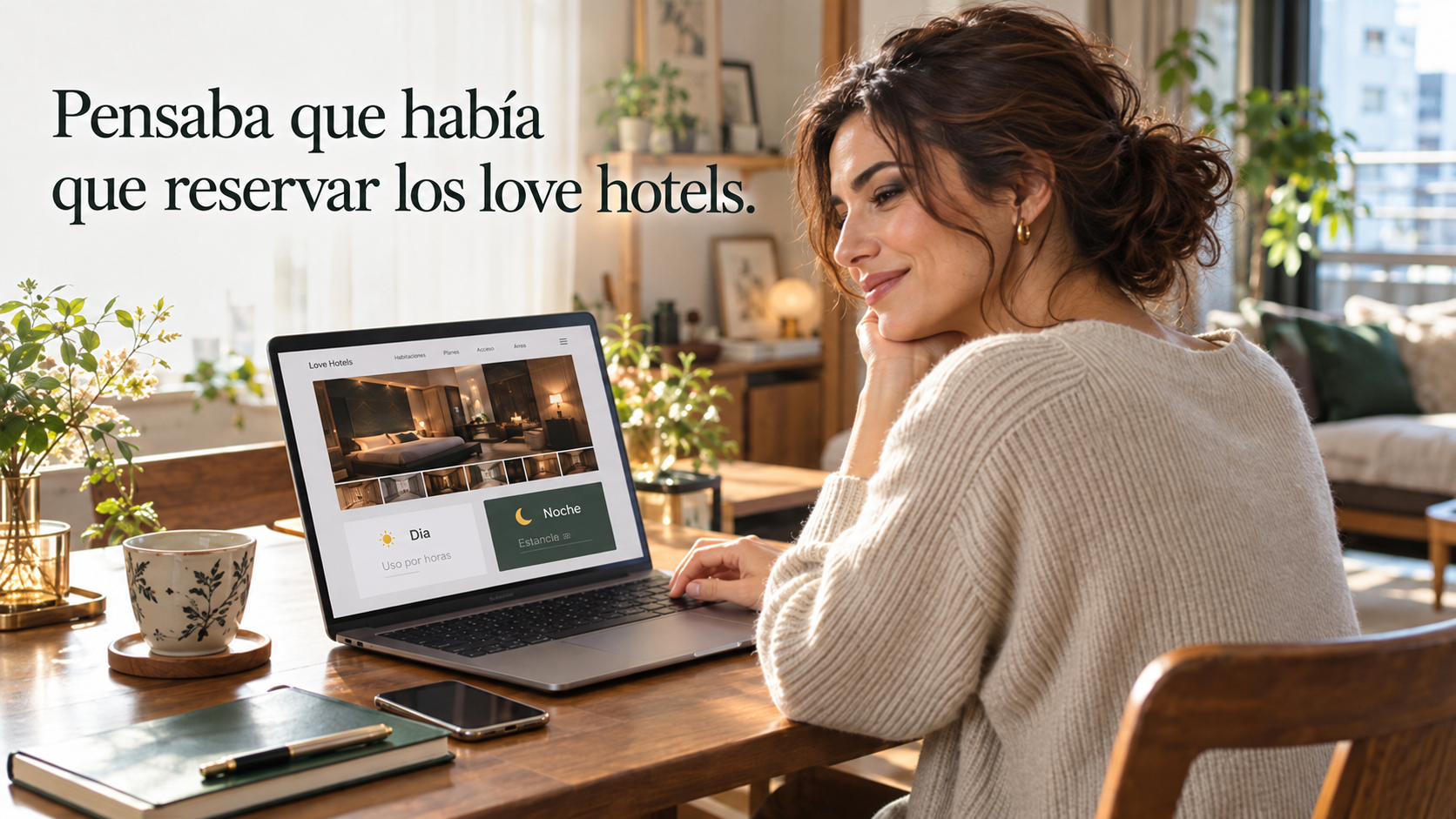 Una mujer consulta información sobre hoteles en un portátil dentro de una habitación luminosa