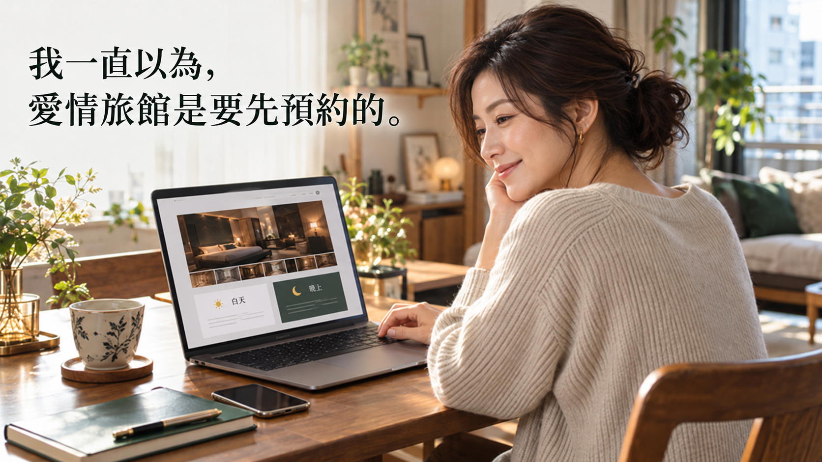 一位女性在明亮的房間裡，使用筆記型電腦查看旅館資訊