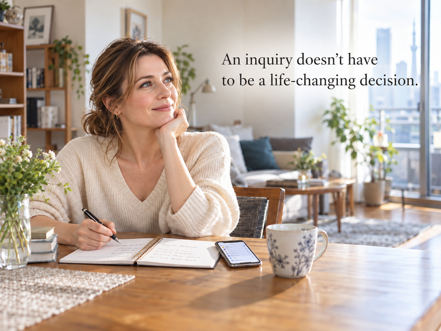 A woman gathering her thoughts beside a sunlit window, with a notebook and smartphone