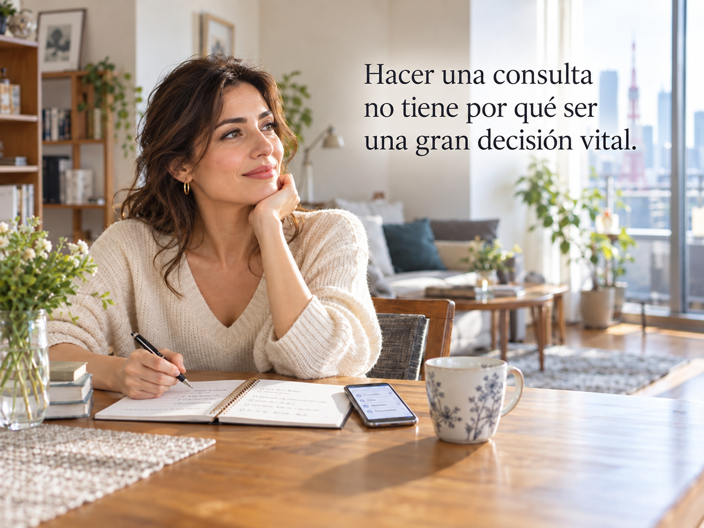 Una mujer organiza sus ideas junto a una ventana luminosa, con un cuaderno y un móvil
