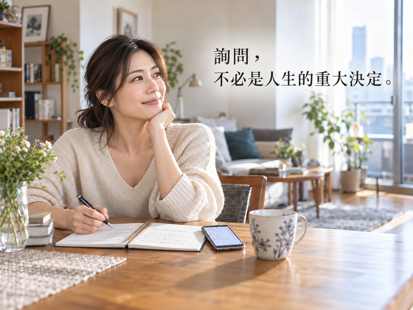 明亮的窗邊，一位女性坐在筆記本與手機前，整理自己的想法