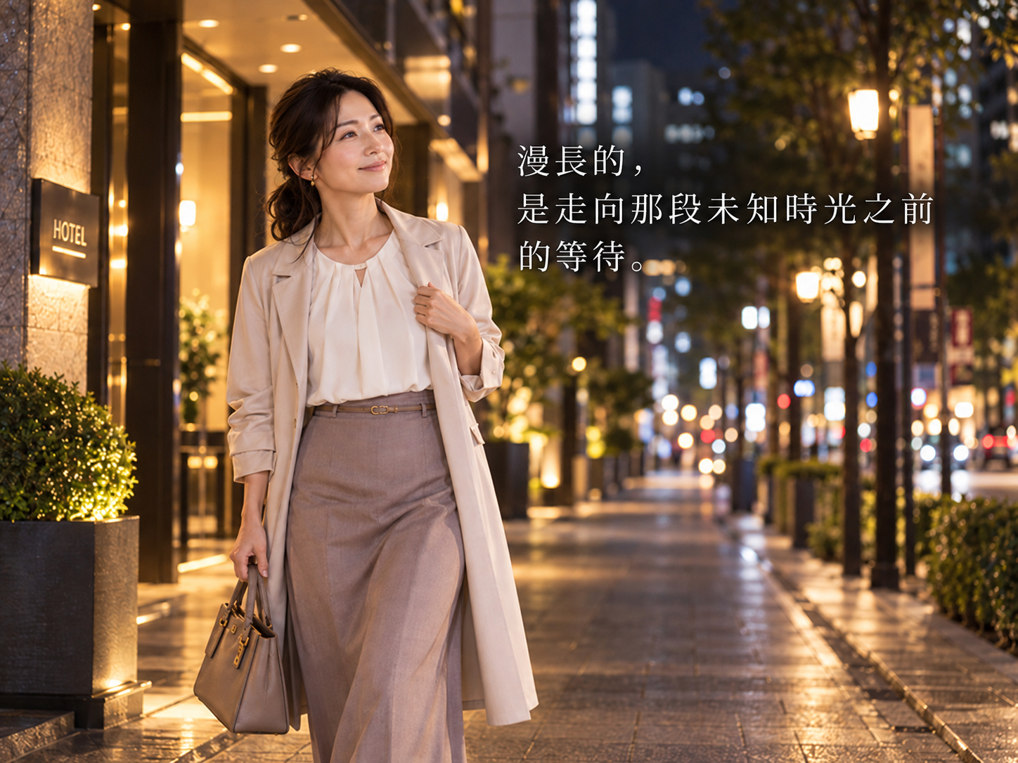 一位女性獨自走在有街燈的夜晚街道上，神情平靜