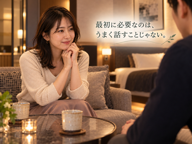 ラブホテルのソファで、顔の目立たない男性キャストと穏やかに話す30代女性