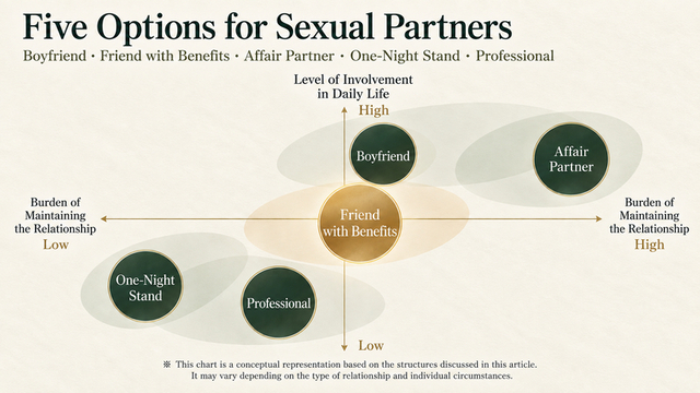 Chart comparing boyfriend, friend with benefits, affair partner, one-night stand and professional companion by daily-life involvement and relationship maintenance burden