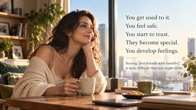 Woman reflecting on how familiarity and trust in a friends-with-benefits relationship can become emotional attachment