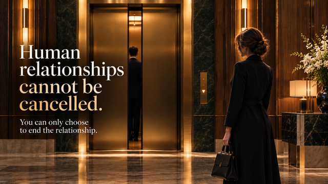 Woman near a hotel elevator representing the idea that human relationships cannot simply be cancelled