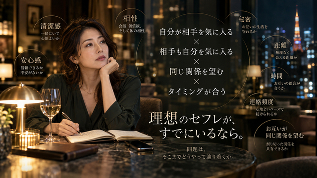 理想のセフレに必要な安心感・清潔感・相性・秘密・距離・時間・連絡頻度・同じ関係への希望を整理した図