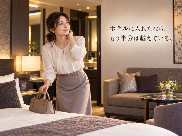 ラブホテルの客室へ入室し、バッグを置いてほっと微笑む30代女性
