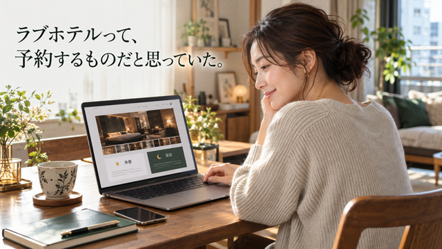 自宅のノートパソコンでラブホテルの客室と利用条件を調べる30代女性