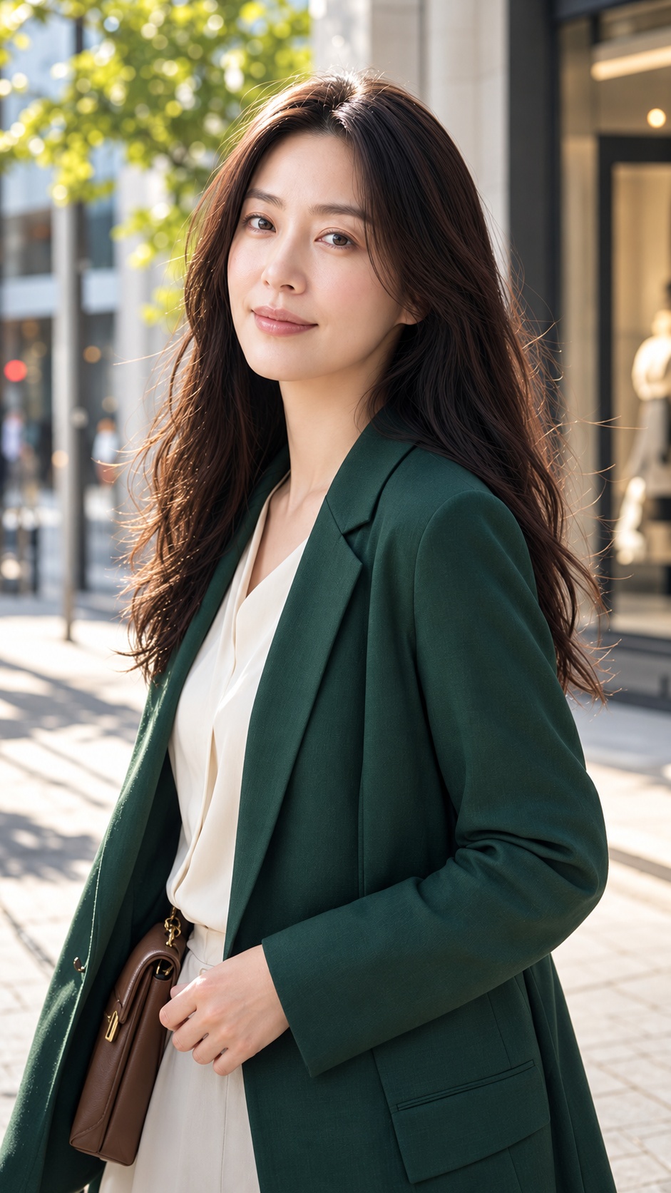 穿著綠色西裝外套的成年女性，站在陽光下的城市人行道。