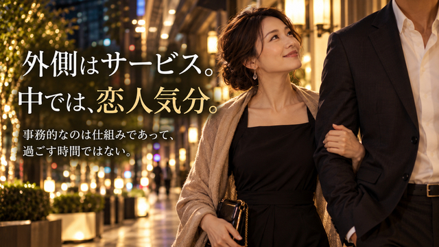 プロの男性と腕を組んで歩く女性と外側はサービス中では恋人気分というメッセージ