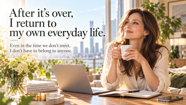 Woman having coffee the next morning after returning comfortably to her own daily life