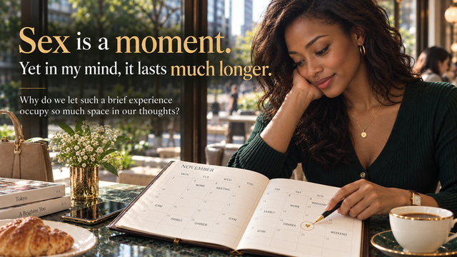 Woman at a café looking at her planner and reflecting on how a brief sexual experience can remain in the mind